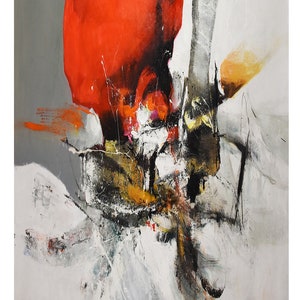 Może przedstawiać: Abstrakcyjne malarstwo z odważnymi pociągnięciami czerwonej, czarnej, białej i ż&oacute;łtej farby. Obraz ma dynamiczny i energetyczny charakter.