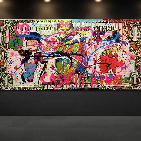 100cm x 200cm XXL Gemälde großes Bild Leinwand Popart Acryl Mix Mischtechnik Collage DOLLAR ALEC Mr.Brainwash Style " Cash is King "