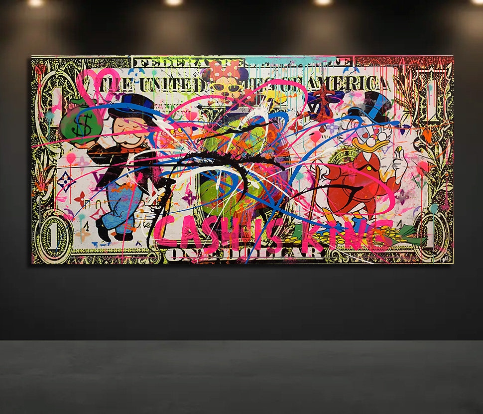 140 cm x 200 cm XXL peinture grand tableau toile pop art acrylique mix  techniques mixtes collage Cash is King Ali