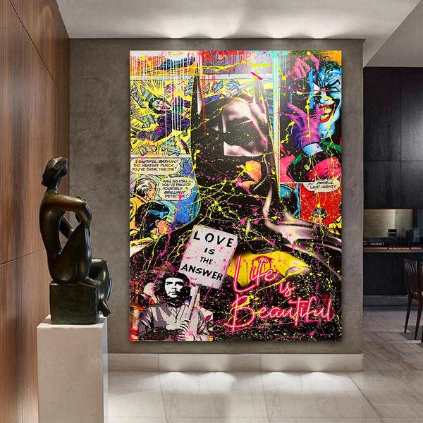 120 cm x 180 cm XXL peinture grand tableau toile pop art acrylique mix techniques mixtes collage "Batman LOVE"