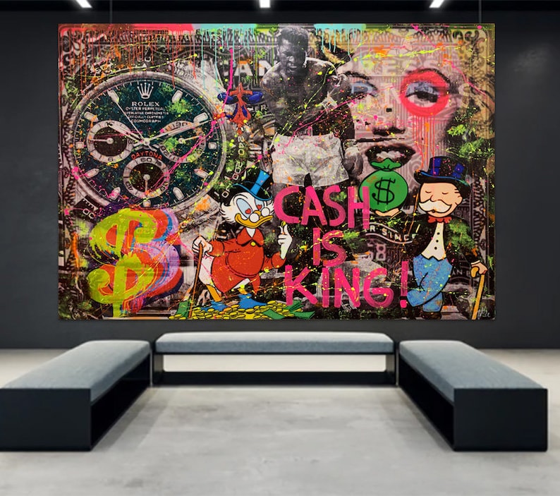 140 cm x 200 cm XXL dipinto grande quadro su tela pop art acrilico mix tecnica mista collage Cash is King Ali immagine 1