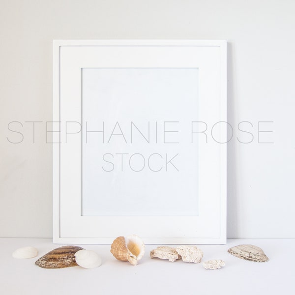 White Frame Mockup with Shells - Available in PSD, PNG, and JPEG - Stock Photo Display - Beach Minimalist Tropical Vibes