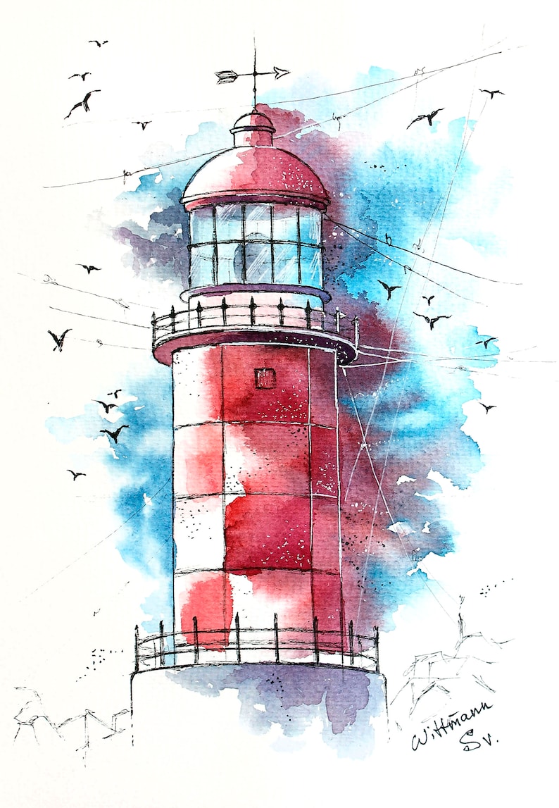 Lighthouse Painting Nautical Original Art Seaside Watercolor Wall Art 8 by 11 in by Svetlana Wittmann