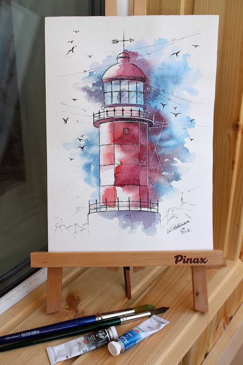 Lighthouse Painting Nautical Original Art Seaside Watercolor Wall Art 8 by 11 in by Svetlana Wittmann