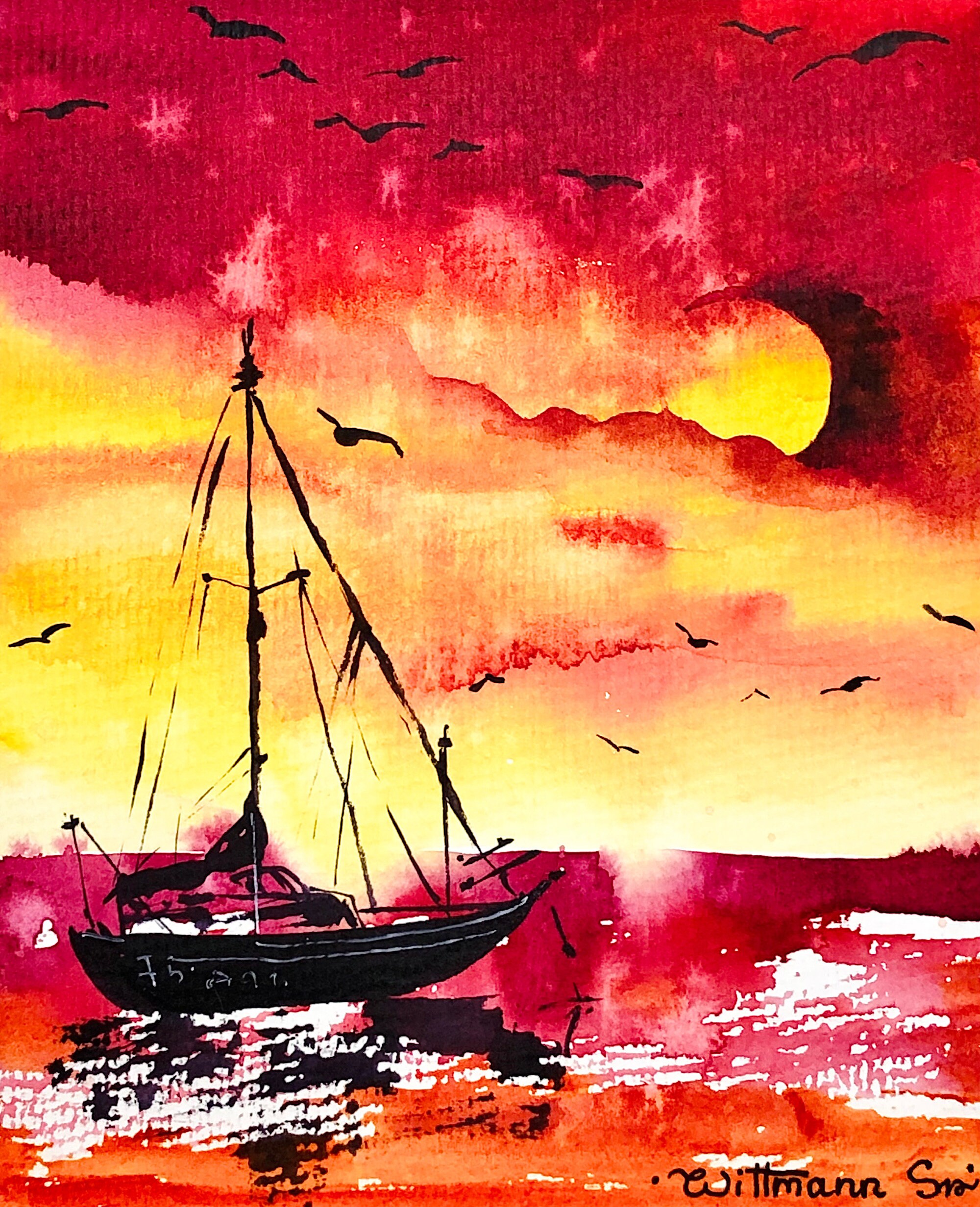 Sailboat Painting Nautical Original Art Sunset Watercolor Etsy