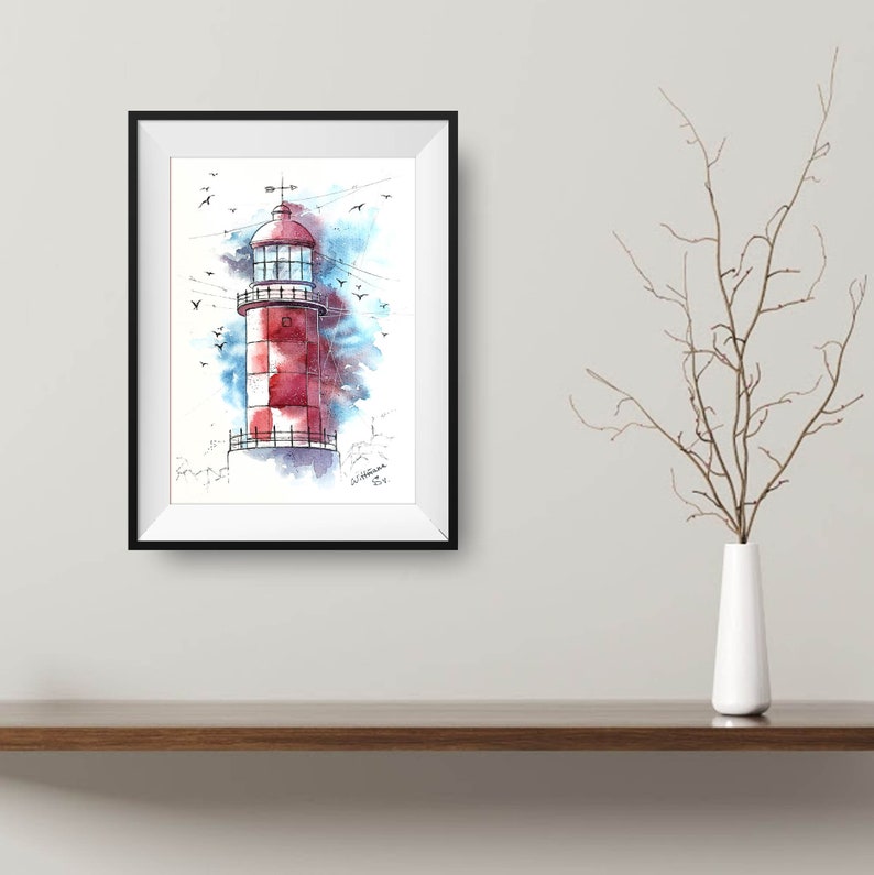 Lighthouse Painting Nautical Original Art Seaside Watercolor Wall Art 8 by 11 in by Svetlana Wittmann