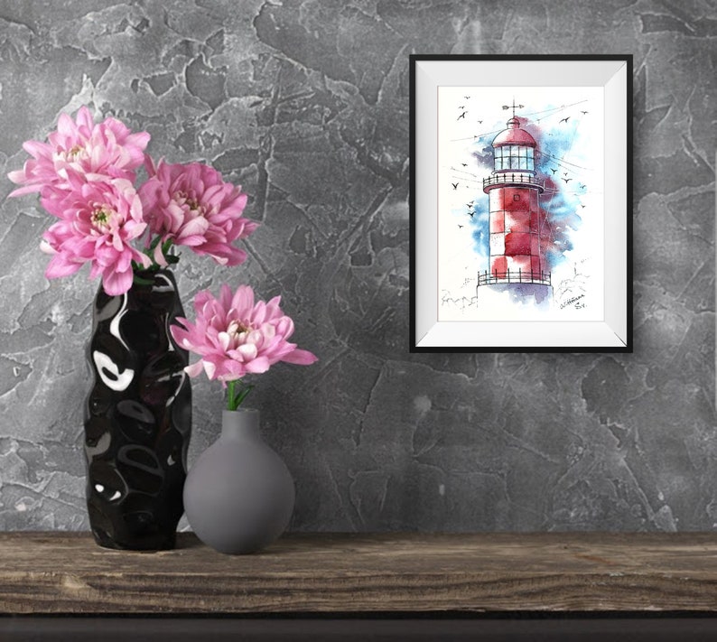 Lighthouse Painting Nautical Original Art Seaside Watercolor Wall Art 8 by 11 in by Svetlana Wittmann
