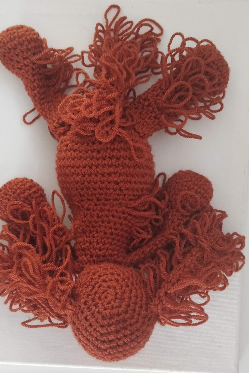 May include: A crocheted stuffed animal in the shape of a dog. The dog is brown and has long, shaggy fur. The dog is lying on its back with its legs in the air.