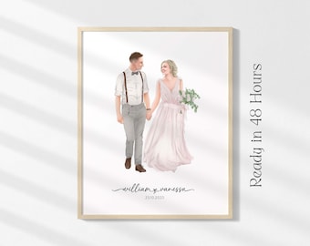 May include: A framed digital illustration of a couple walking hand-in-hand. The person on the left wears a white shirt, brown suspenders, and gray trousers. The person on the right wears a flowing pale pink gown and holds a bouquet. Text reads William & Vanessa 25.10.2025.