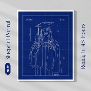 May include: Blueprint portrait of a graduate in a cap and gown, with the name "Olivia Rose" and "B.Arch" displayed. The image is a white line drawing on a blue grid background, with the text "New Blueprint Portrait" and "Ready in 48 Hours".