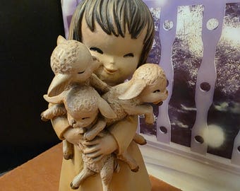 Anri Ferrandiz Woodcarved Girl Hugging 3 Lambs - Etsy