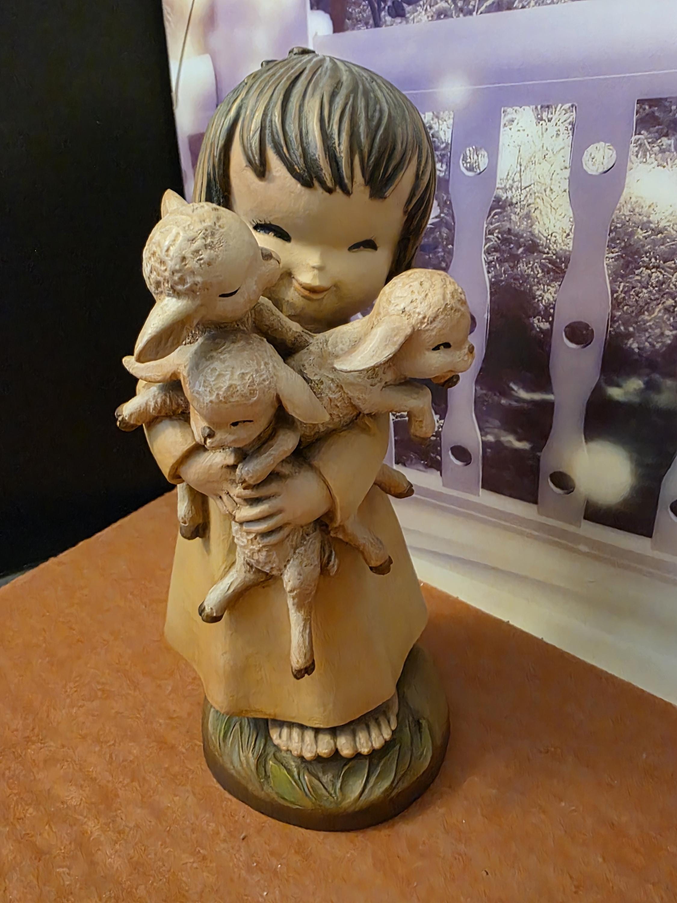 Anri Ferrandiz Woodcarved Girl Hugging 3 Lambs - Etsy
