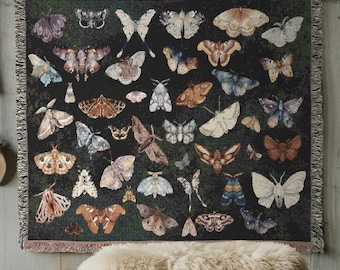 Witchy Moth Woven Blanket: Boho Cottagecore Cotton Throw
