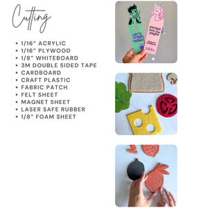 Op de afbeelding: Afbeelding met de meegeleverde instellingen voor snijprojecten. Bevat een lijst met materialen zoals acryl, multiplex en schuimplaat. Toont voorbeelden van voltooide projecten, waaronder bladwijzers en viltvoedselvormen.