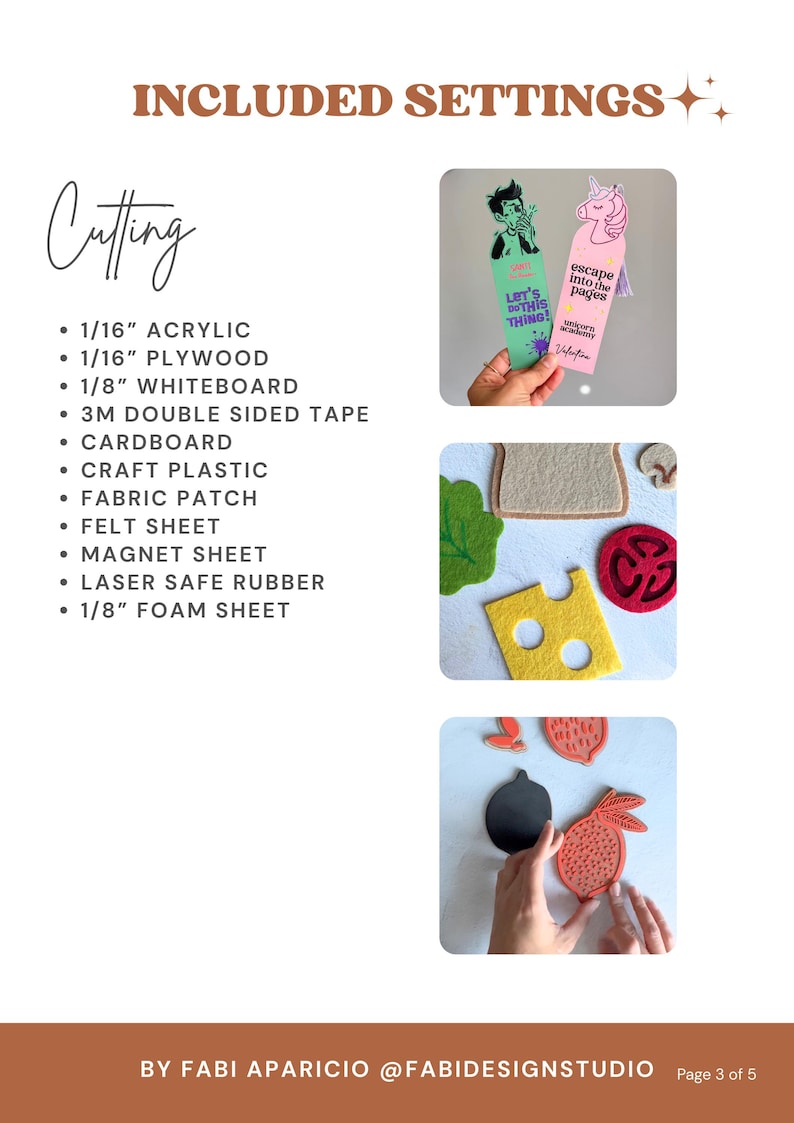 Op de afbeelding: Afbeelding met de meegeleverde instellingen voor snijprojecten. Bevat een lijst met materialen zoals acryl, multiplex en schuimplaat. Toont voorbeelden van voltooide projecten, waaronder bladwijzers en viltvoedselvormen.