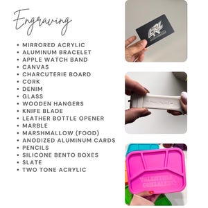 Op de afbeelding: Promotieafbeelding met graveeropties, waaronder spiegelacryl, aluminium armbanden en Apple Watch-bandjes. Voorbeelden zijn een gegraveerde kaart, een horlogebandje en een roze siliconen bento box. Tekst toont "Inbegrepen instellingen" en "Graveren".