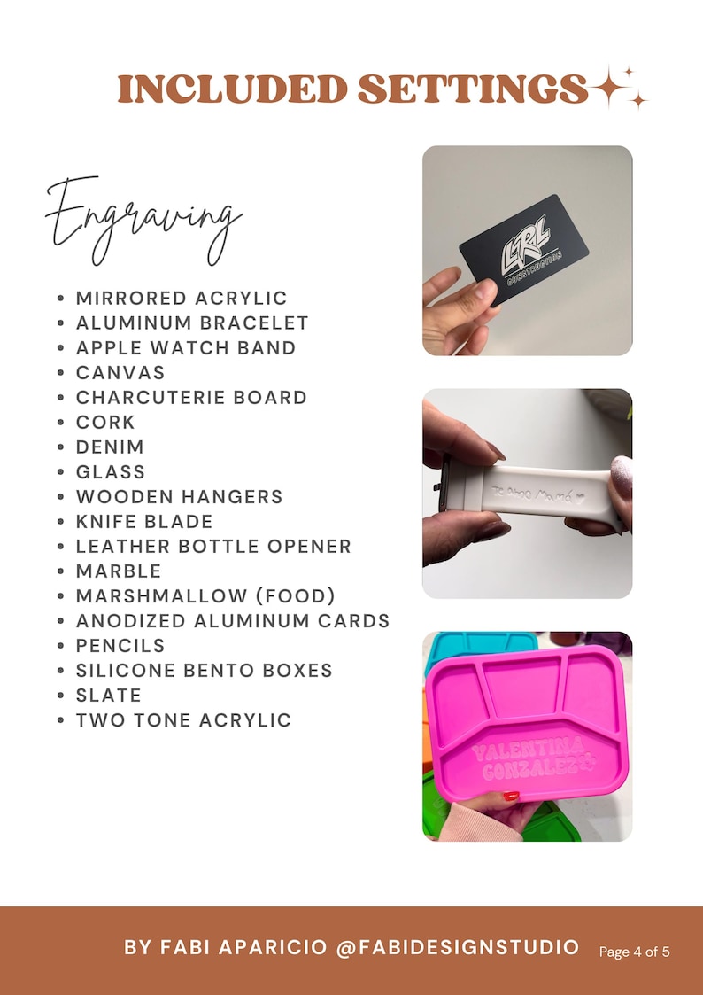 Op de afbeelding: Promotieafbeelding met graveeropties, waaronder spiegelacryl, aluminium armbanden en Apple Watch-bandjes. Voorbeelden zijn een gegraveerde kaart, een horlogebandje en een roze siliconen bento box. Tekst toont "Inbegrepen instellingen" en "Graveren".