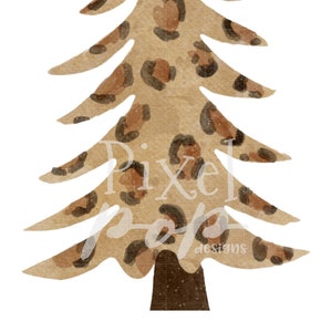 May include: A watercolor illustration of a Christmas tree with a brown and tan leopard print pattern.