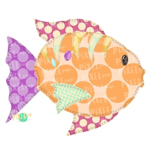 May include: A whimsical orange fish with pink, purple, and green polka dots. The fish has a stitched appearance and a cartoon-like eye.