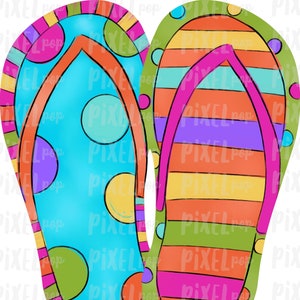 May include: A pair of colorful flip-flops with a striped and polka dot design. The flip-flops are drawn in a cartoon style with bright colors and a whimsical feel.