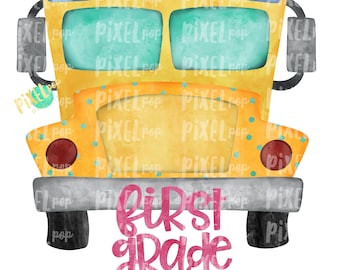 First Grade Pink School Bus Watercolor Sublimation PNG Design | Hand Drawn | Sublimation PNG | Digital Download | Printable Artwork | Art