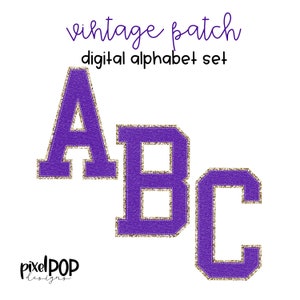 Ensemble de lettres PNG vintage, alphabet numérique, violet et or | Police Alphapack | Alphabet numérique | Jeu de polices | Image de l'écusson universitaire Letterman