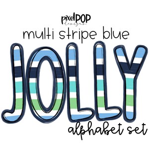 Conjunto de letras do alfabeto azul com listras múltiplas alegres | Fonte Alphapack | Aquarela | PNG | Letra de rabisco de sublimação | Conjunto de fontes | Letras de transferência