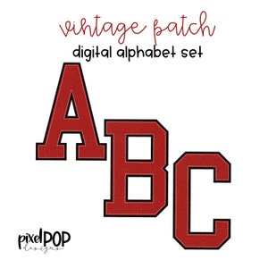 Ensemble de lettres PNG de l'alphabet numérique vintage Patch rouge et noir | Pack Alpha | Alphabet numérique | Police de caractère | Écusson universitaire Letterman