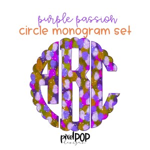 Conjunto de Monogramas Círculos Recortados Paixão Roxa | Fonte de Monograma Digital | Pintado à Mão | PNG | Letra Doodle de Sublimação | Letras de Transferência