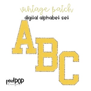 Vintage Patch numérique alphabet PNG jeu de lettres jaune et or | Police Alphapack | Alphabet numérique | Jeu de polices | Image de l'écusson universitaire Letterman