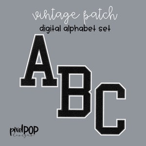 Ensemble de lettres PNG de l'alphabet numérique vintage Patch noir et blanc | Pack Alpha | Alphabet numérique | Police de caractère | Écusson universitaire Letterman