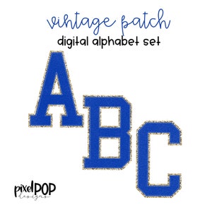 Conjunto de letras PNG del alfabeto digital con parche vintage con purpurina azul y dorada / Alphapack / Alfabeto digital / Fuente / Parche universitario Letterman