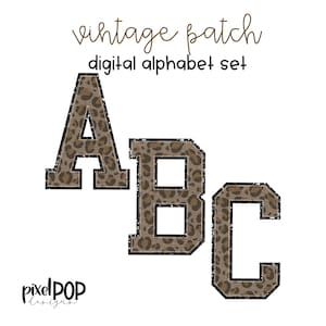 Conjunto de letras PNG del alfabeto digital con parche vintage y purpurina negra y leopardo / Alphapack / Alfabeto digital / Conjunto de fuentes / Parche universitario Letterman