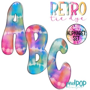 Conjunto de letras do alfabeto retrô Tie Dye | Fonte Alphapack | Aquarela | PNG | Letra Doodle de Sublimação | Conjunto de fontes | Letras de transferência