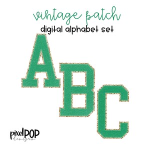 Ensemble de lettres PNG alphabet numérique vintage Patch vert et or | Police Alphapack | Alphabet numérique | Jeu de polices | Image de l'écusson universitaire Letterman