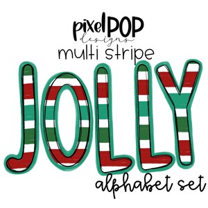 Ensemble de lettres de l'alphabet à rayures multicolores Jolly | Police Alphapack | Aquarelle | PNG | Lettre de griffonnage de sublimation | Jeu de polices | Lettres de transfert
