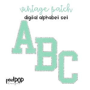 Vintage Patch alphabet numérique PNG jeu de lettres menthe et argent | Pack Alpha | Alphabet numérique | Jeu de polices | Image de l'écusson universitaire Letterman