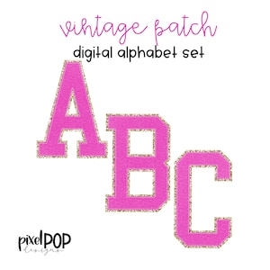 Ensemble de lettres PNG vintage, alphabet numérique, rose vif et or | Pack Alpha | Alphabet numérique | Jeu de polices | Écusson universitaire Letterman