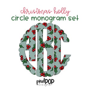 Conjunto de monogramas de círculo recortado de azevinho de Natal | Fonte de monograma digital | Pintado à mão | PNG | Letra de rabisco de sublimação | Letras de transferência