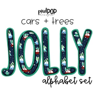 Conjunto de letras do alfabeto de carros e árvores alegres | Fonte Alphapack | Aquarela | PNG | Letra de rabisco de sublimação | Conjunto de fontes | Letras de transferência