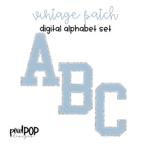 Ensemble de lettres PNG alphabet numérique vintage Patch bleu clair et argent | Pack Alpha | Alphabet numérique | Jeu de polices | Image de l'écusson universitaire Letterman