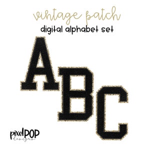 Ensemble de lettres PNG vintage, alphabet numérique, paillettes noires et dorées | Pack Alpha | Alphabet numérique | Police de caractère | Écusson universitaire Letterman