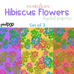Hibiscus naadloze digitale papierset van drie, png | Handgeschilderde Hawaiiaanse bloemen | Sublimatie-png | Digitaal | Digitaal scrapbookpapier