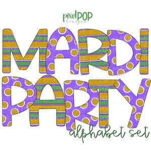 Jeu de lettres alphabet fête du mardi | Police Mardi Gras Alphapack | Aquarelle | PNG | Lettre de griffonnage de sublimation | Jeu de polices | Lettres de transfert
