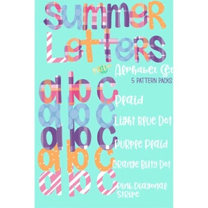 CINCO Conjuntos de Letras do Alfabeto de Verão | Fonte Alphapack | Clipart | Letra Xadrez | Aquarela | PNG | Letra Doodle de Sublimação | Letras de Transferência