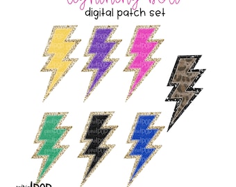 Vintage Patch Bold Lightning Bolts PNG Set with Glitter Backing | Chenille Lightning Bolt Patch | Digital Patch | Letterman Varsity Patch