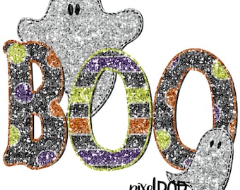 ¡Buu! Fantasmas con lentejuelas y purpurina para Halloween / Diseño de sublimación dibujado a mano / PNG de sublimación / Descarga digital / Ilustración imprimible / Arte