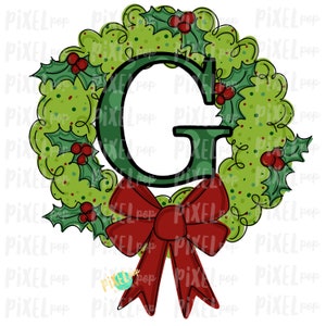 Whimsical Holly Wreath with G Monogram PNG | Christmas Sublimation | Hand Painted | Sublimation | Digital Download | Printable Artwork | Art
