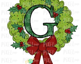 Whimsical Holly Wreath with G Monogram PNG | Christmas Sublimation | Hand Painted | Sublimation | Digital Download | Printable Artwork | Art