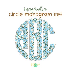 Ensemble de monogrammes circulaires festonnés magnolias bleus | Police numérique monogramme | Peint à la main | PNG | Lettre de griffonnage de sublimation | Lettres de transfert